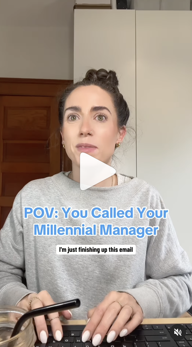 Screenshot of Instagram reel from _businesscasualty showing a woman typing with text over the image that reads "POV: You Called Your Millennial Manager" with text below that that reads "I'm just finishing up this email"